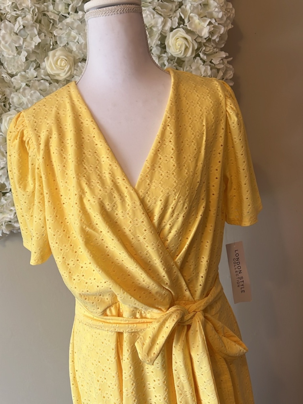 London Times Sunny Yellow Eyelet Wrap Midi Dress - Picture 2 of 10